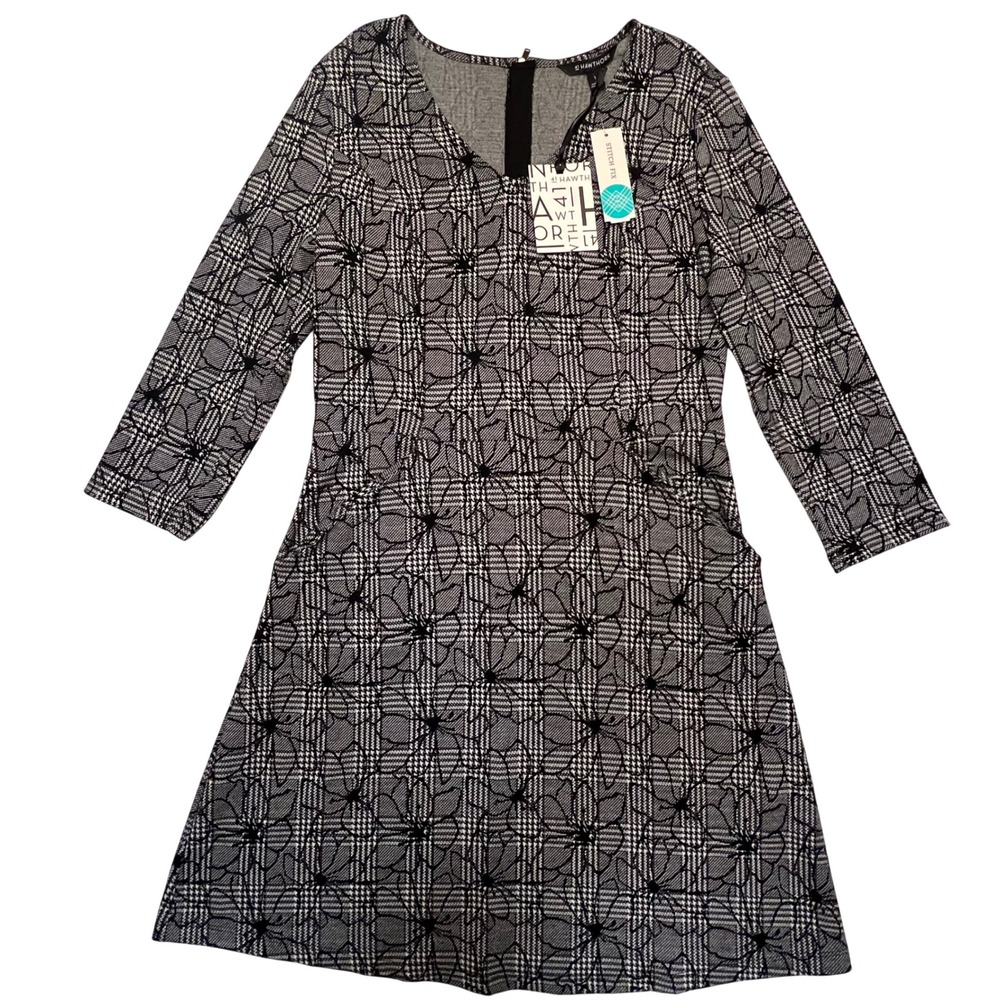 41 Hawthorne Stitch Fix Black White Monochrome Plaid Floral Dress NWT Size‎ L